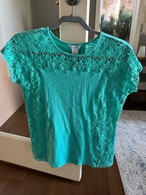 Sundance Teal Lace-Inset Crochet Short Sleeve Cotton Tee